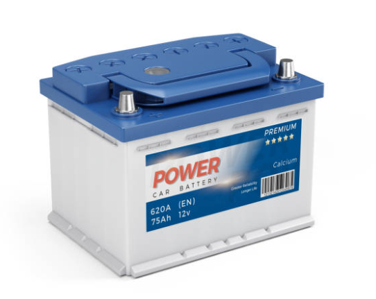 a car battery power with blue and white color