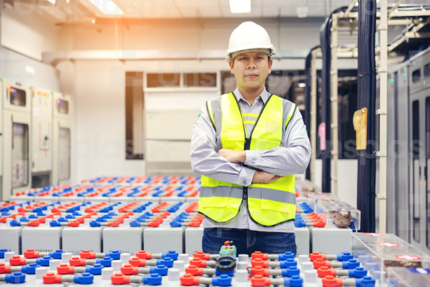 a man standing in a battery factory